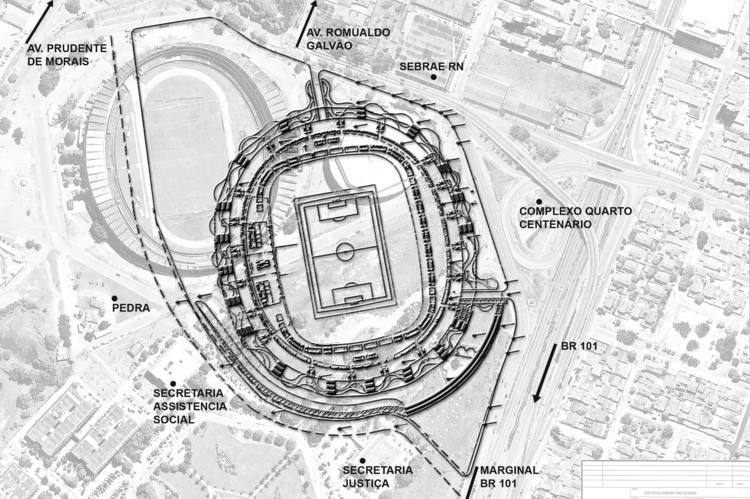 Foto aérea com projeto virtual do novo estádio, mostra a real localização da Arena das Dunas. Maior parte da nova praça de esportes será localizada na área da terraplanagem